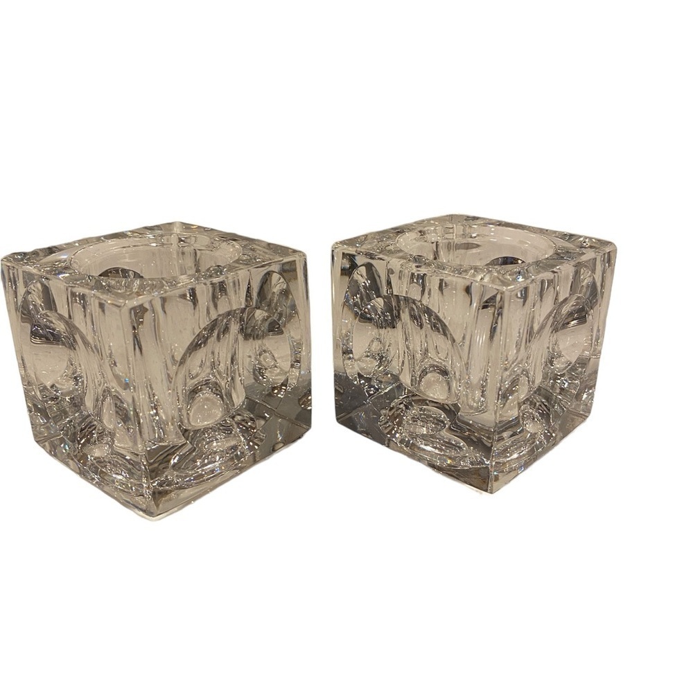 CITADEL Pair of 24% Lead Crystal Made In Mexico Ice Cube Candle Holders 2.5”Tall